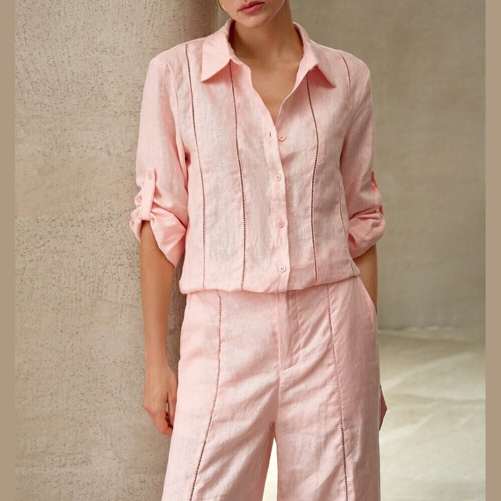 Pink Linen Button-Down Shirt with Ladder Trim Detail - Picture 7 of 7